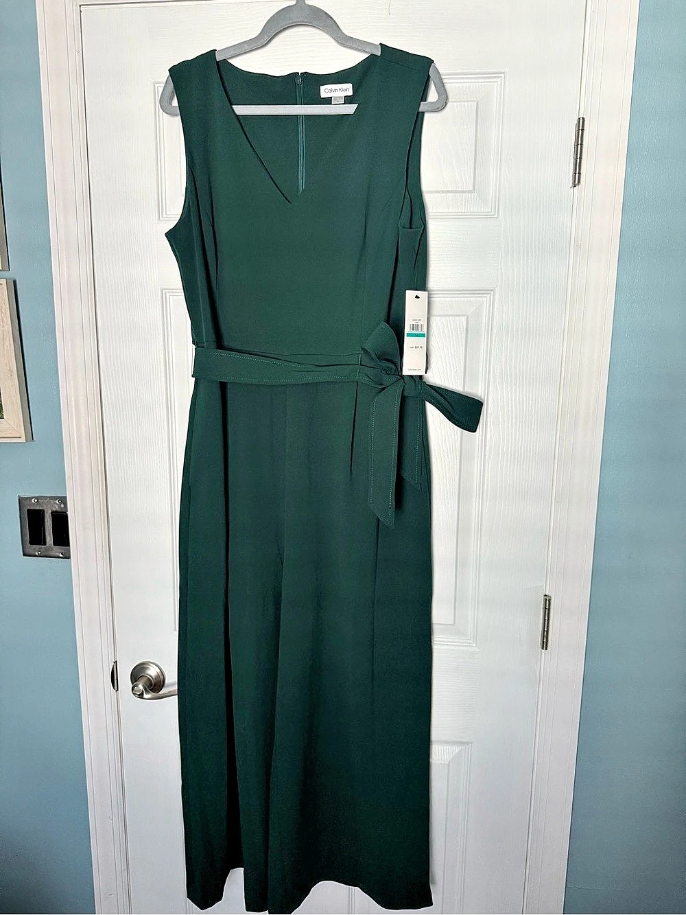 Calvin Klein Tie-Belt Cropped Sleeveless Straight Leg Jumpsuit Green 16